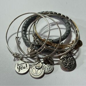 7pc Alex & Ani Bracelet Bangle Set Peace Fleur De Lis Leather Hippie Boho Y2K